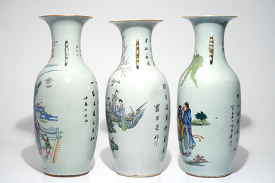 Trois grands vases en porcelaine de Chine famille rose, 19/20&egrave;me