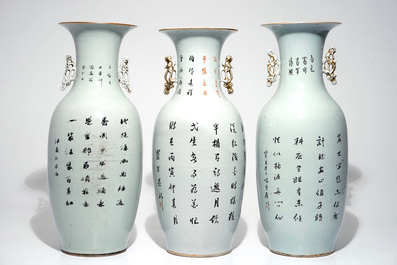 Three tall Chinese famille rose vases with calligraphy, 19/20th C.