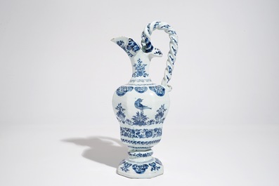 A large Dutch Delft blue and white rope twist handle jug, 2nd half 17th C.