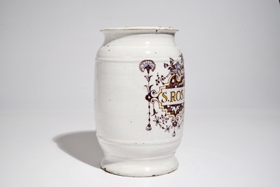 A large polychrome Brussels faience cylindrical albarello, 18th C.