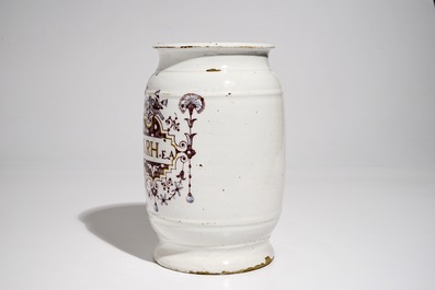 A large polychrome Brussels faience cylindrical albarello, 18th C.