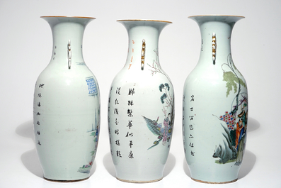 Three tall Chinese famille rose vases with calligraphy, 19/20th C.