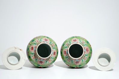 A pair of Chinese famille rose vases and a pair of jardinieres on stands, 19/20th C.