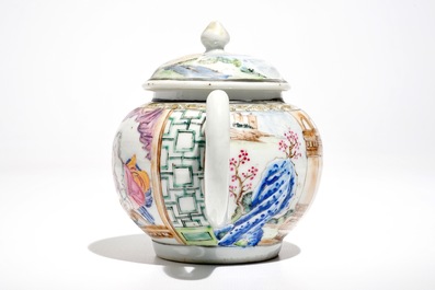 A fine Chinese famille rose teapot and cover with a lady holding a small dog, Yongzheng