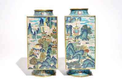 A pair of Chinese cloisonn&eacute; cong vases, Qianlong mark, 19/20th C.