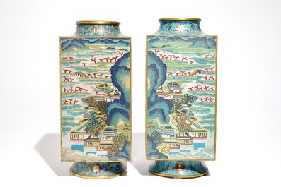 A pair of Chinese cloisonn&eacute; cong vases, Qianlong mark, 19/20th C.