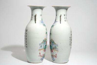 A pair of tall Chinese famille rose vases with figural design and calligraphy, 19/20th C.