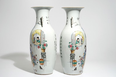 A pair of tall Chinese famille rose vases with figural design and calligraphy, 19/20th C.