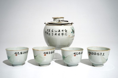 Een Chinees qianjiang cai theeservies met figurendecor, 19/20e eeuw