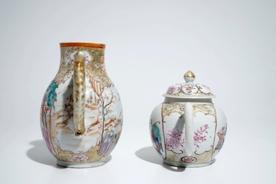 Een Chinese famille rose kan en een theepot met decor van mandarijnen, Qianlong