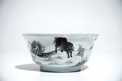 A Chinese grisaille bowl and plate with buffalos, Yongzheng