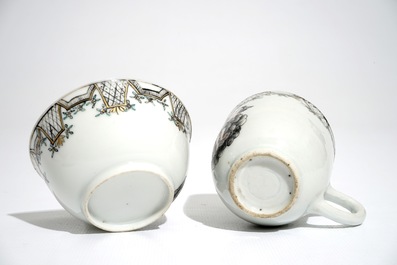 Deux tasses et une soucoupe en porcelaine de Chine grisaille &agrave; d&eacute;cor mythologique de V&eacute;nus et Cupidon, Qianlong