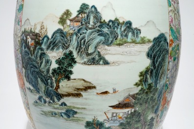 A large pair of Chinese famille rose millefleurs vases with landscape panels, Qianlong mark, 19th C.