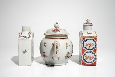 A Chinese famille rose teapot and two tea caddies, Qianlong