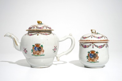 A Chinese armorial teapot and a covered sugar bowl for the French market, Qianlong