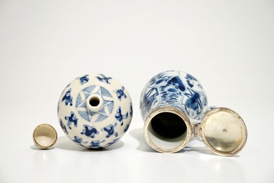 Four Chinese blue and white plates, a silver-mounted jug and a small covered jar, Kangxi