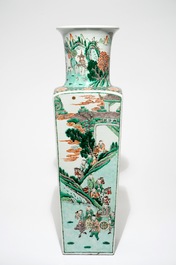 A tall Chinese square famille verte vase, Kangxi mark, 19th C.