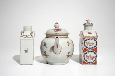 A Chinese famille rose teapot and two tea caddies, Qianlong