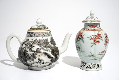 A Chinese grisaille teapot and a famille rose tea caddy, Yongzheng