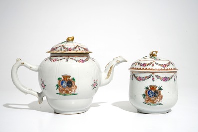 A Chinese armorial teapot and a covered sugar bowl for the French market, Qianlong
