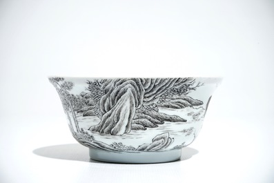 A Chinese grisaille bowl and plate with buffalos, Yongzheng