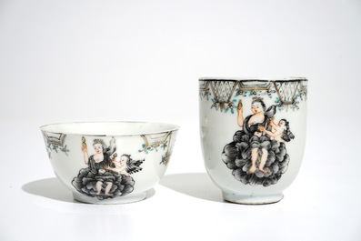 Deux tasses et une soucoupe en porcelaine de Chine grisaille &agrave; d&eacute;cor mythologique de V&eacute;nus et Cupidon, Qianlong