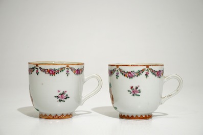 A pair of Chinese armorial cups and saucers for the French market, Qianlong