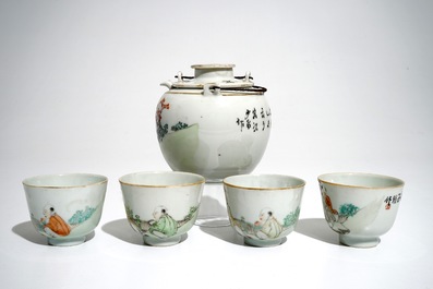 A Chinese qianjiang cai tea set with figural design, 19/20th C.