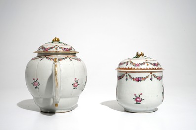 A Chinese armorial teapot and a covered sugar bowl for the French market, Qianlong