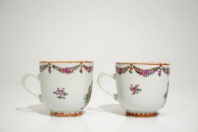 A pair of Chinese armorial cups and saucers for the French market, Qianlong