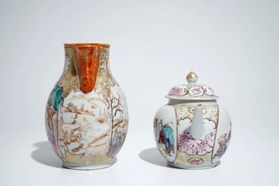 Een Chinese famille rose kan en een theepot met decor van mandarijnen, Qianlong