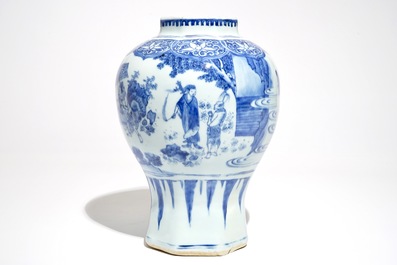 A Chinese blue and white baluster vase with figural design, Transitional period