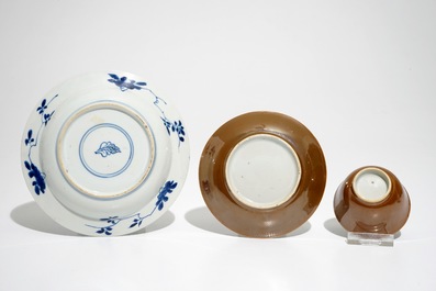 A Chinese blue and white teapot, an allegorical plate and a cup and saucer, Kangxi/Qianlong