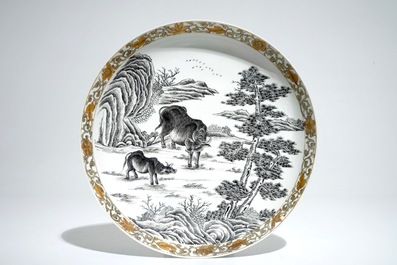 Un bol et une assiette en porcelaine de Chine grisaille &agrave; d&eacute;cor de buffles, Yongzheng