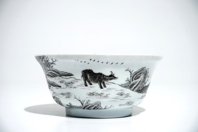 Un bol et une assiette en porcelaine de Chine grisaille &agrave; d&eacute;cor de buffles, Yongzheng