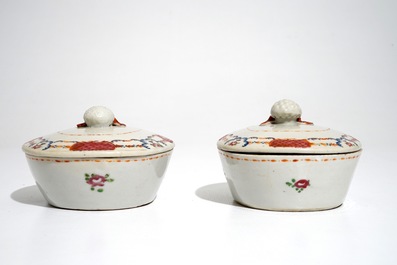 A pair of Chinese famille rose covered tureens on stands, Qianlong