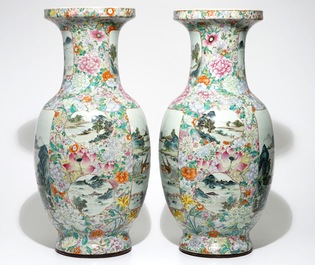 A large pair of Chinese famille rose millefleurs vases with landscape panels, Qianlong mark, 19th C.