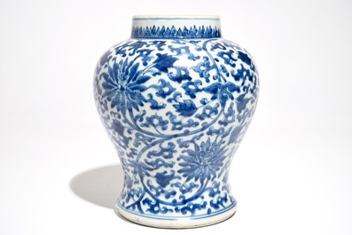 A Chinese blue and white vase with lotus scrolls, Kangxi