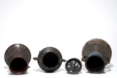 Three Chinese bronze and champlev&eacute; enamel vases, 19th C.