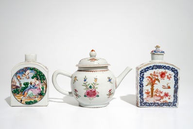 A Chinese famille rose teapot and two tea caddies, Qianlong