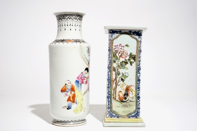 Deux vases en porcelaine de Chine famille rose aux oiseaux et figures, 20&egrave;me