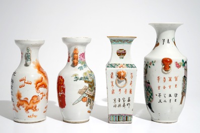 Four Chinese qianjiang cai and famille rose vases, 19th C.