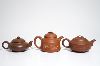 Three various Chinese Yixing stoneware teapots and covers, 19/20th C.