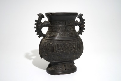 A Chinese archaistic bronze two-handled hu vase, 19th C.