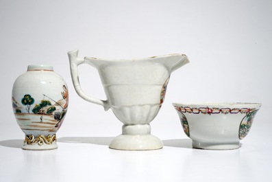 A Chinese famille rose European subject ewer, a bowl and a tea caddy, Qianlong