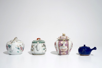 Four various Chinese famille rose, verte and monochrome teapots, 18th and 20th C.
