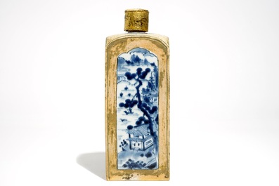 A square Japanese Arita blue and white bottle with biscuit frame, Edo, 17/18th C.