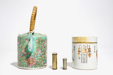 A Chinese famille rose box and cover, a large teapot and two engraved metal boxes, 19/20th C.