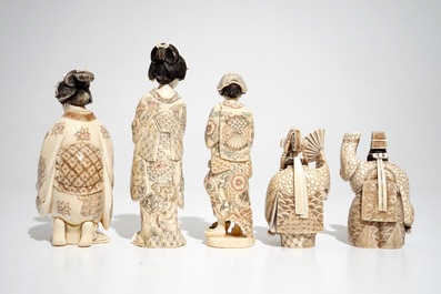 Five signed Japanese ivory okimono, 19/20th C.