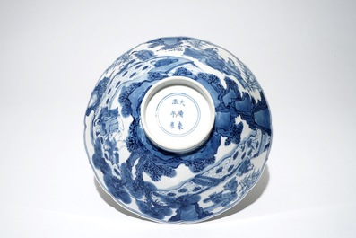 Een Chinese blauwwitte conische kom met &quot;Zeven Wijzen van het Bamboebos&quot;, Kangxi merk en periode